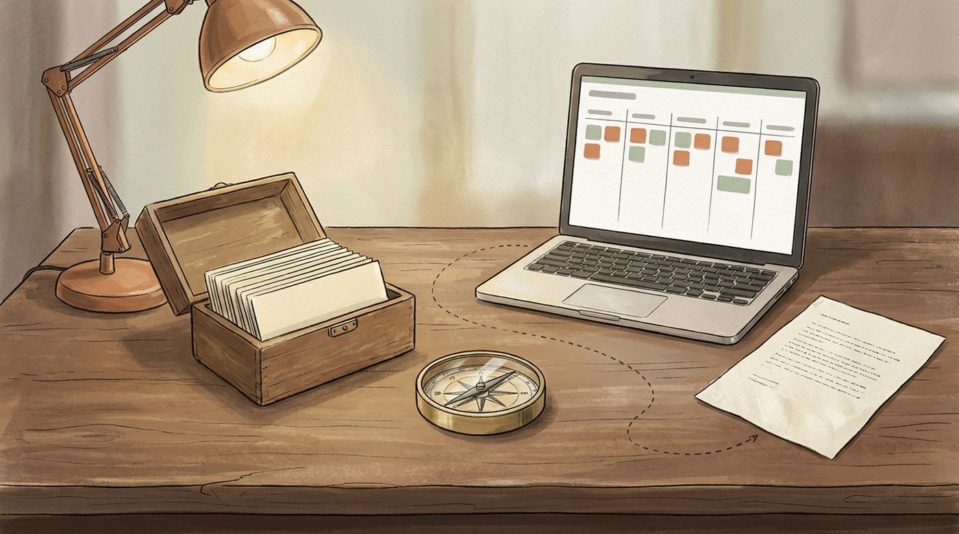Illustration: a desk with a brass compass, a wooden index-card box holding cream cards, a lamp, a laptop showing a five-column kanban board with clay-orange and sage cards, and a single typed page — connected by a dotted pencil path from the card box to the laptop to the page.