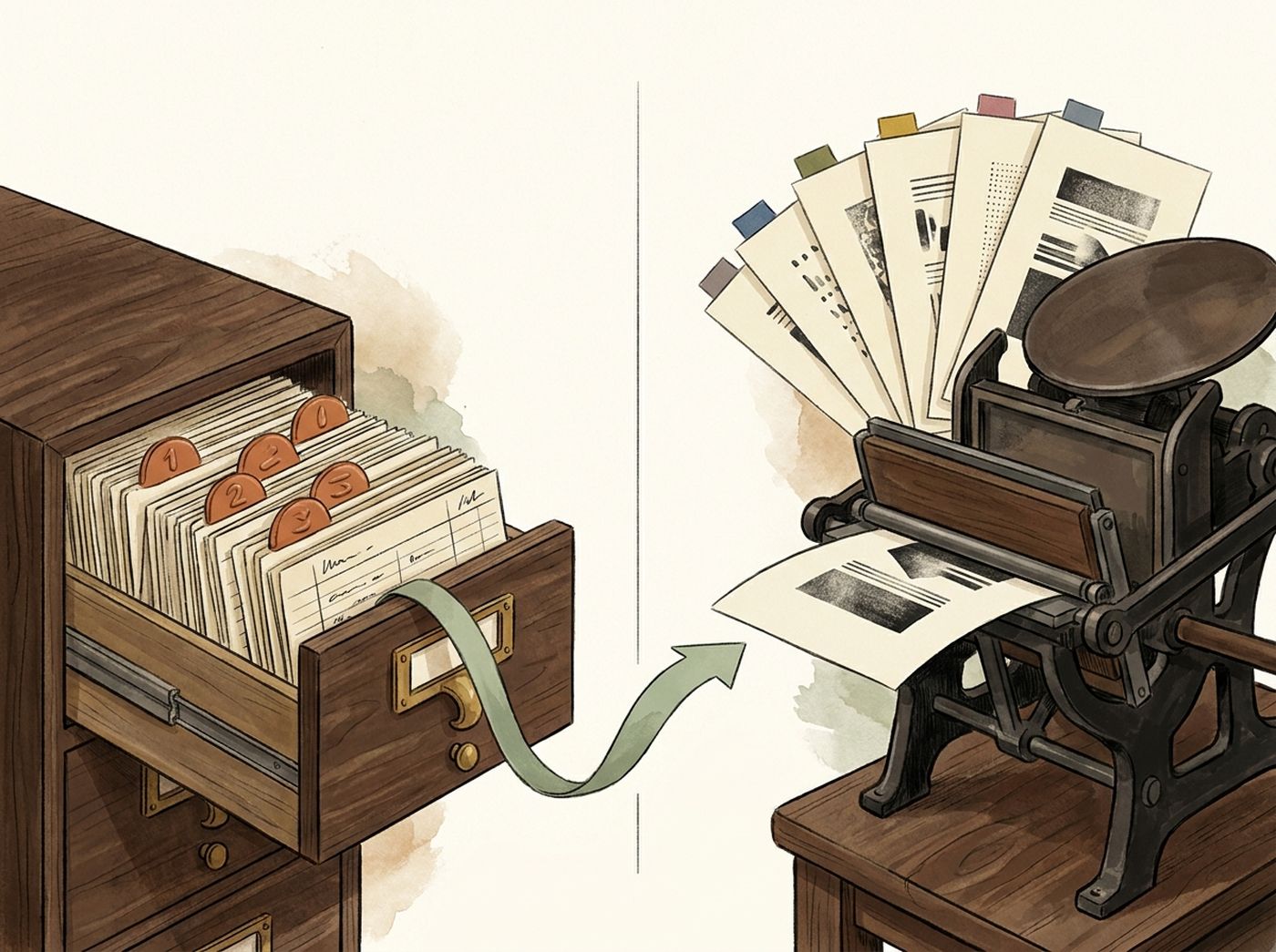 Illustration, split in two: on the left an open wooden card-catalog drawer full of index cards with small clay-orange badges; on the right a hand letterpress with one crisp typed page coming off the plate and a fan of five slightly different pages behind it, each with a different colored tab. A sage ribbon flows from the drawer into the press.