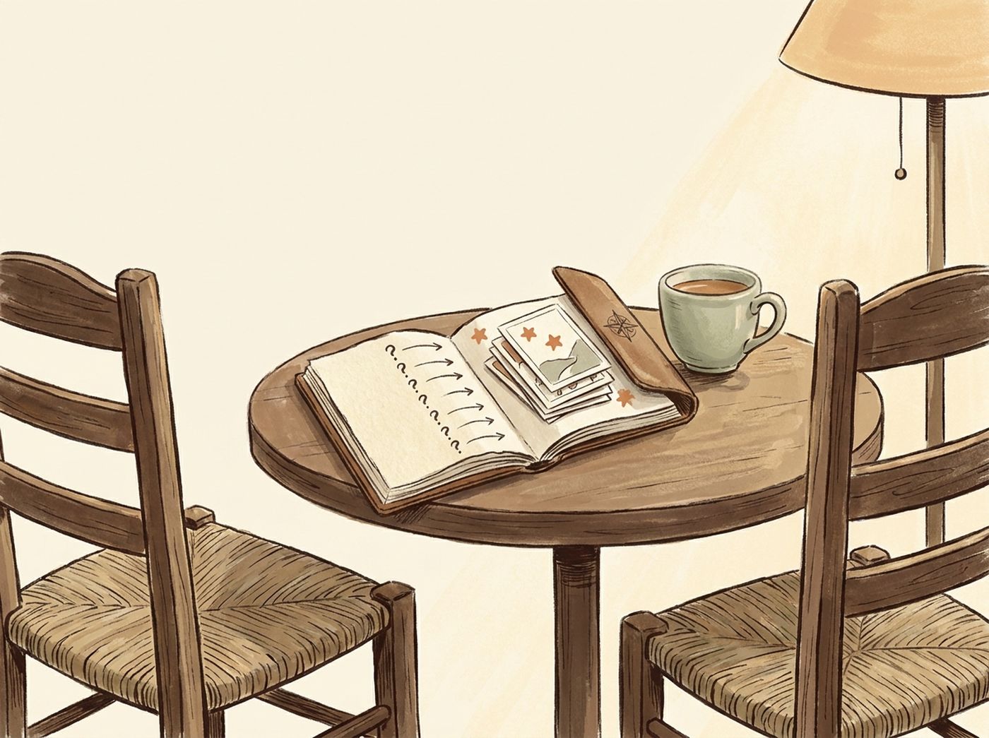 Illustration: two empty wooden chairs face each other across a small round table in lamplight. On the table an open notebook — one page a column of question-mark shapes pointing toward the far chair, the other a short stack of story cards with small stars — and a cup of tea. A compass rose is embossed on the notebook cover.