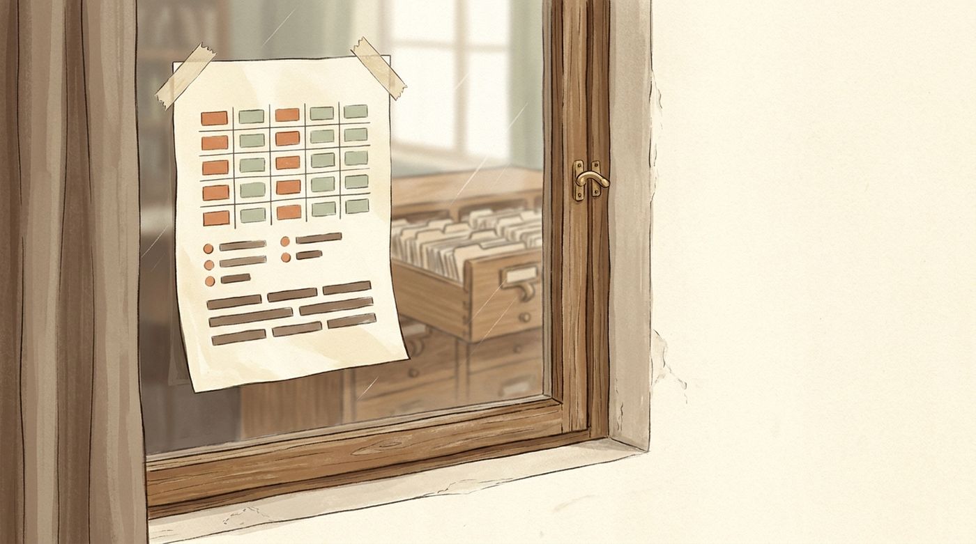 Illustration: a wooden window frame in a cream wall looks onto the same card-catalog drawer of index cards. Taped inside the glass, a freshly printed sheet shows a five-column board of small clay and sage cards, a short dotted list, and a row of horizontal bars — a live view drawn on the pane.