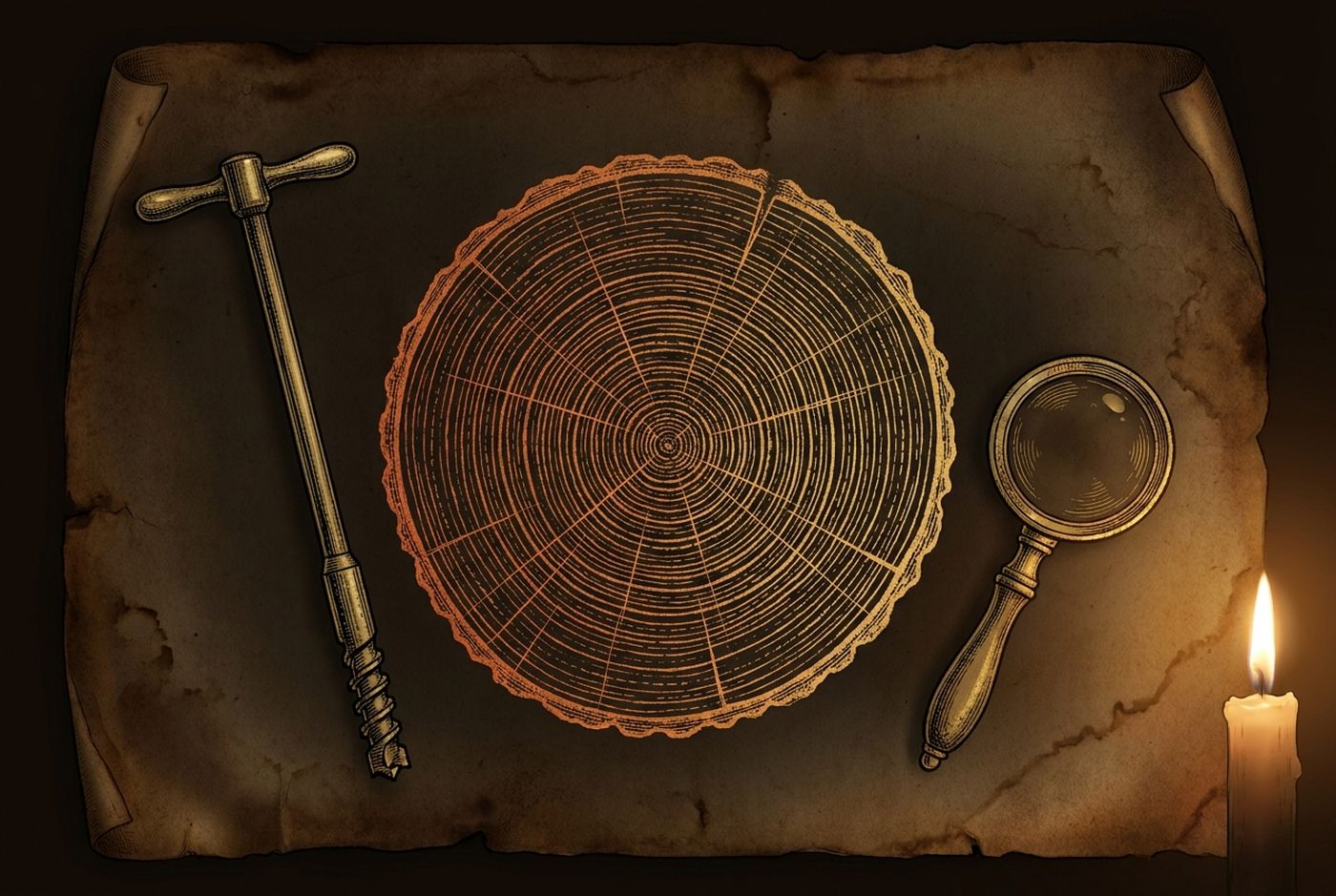 Etching of a polished tree cross-section beside a Swedish increment borer and a brass hand lens, on parchment in candlelight