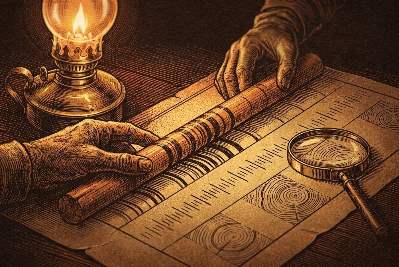 Etching of two hands in lamplight sliding a thin wooden core along a master chart of tick marks, the ring patterns aligning, magnifying glass nearby