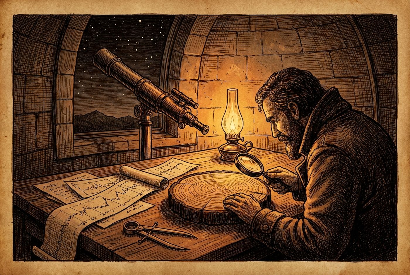 Etching of an astronomer at an observatory desk at night: telescope in the window, oil lamp, calipers, a tree cross-section and skeleton-plot strip charts on the desk