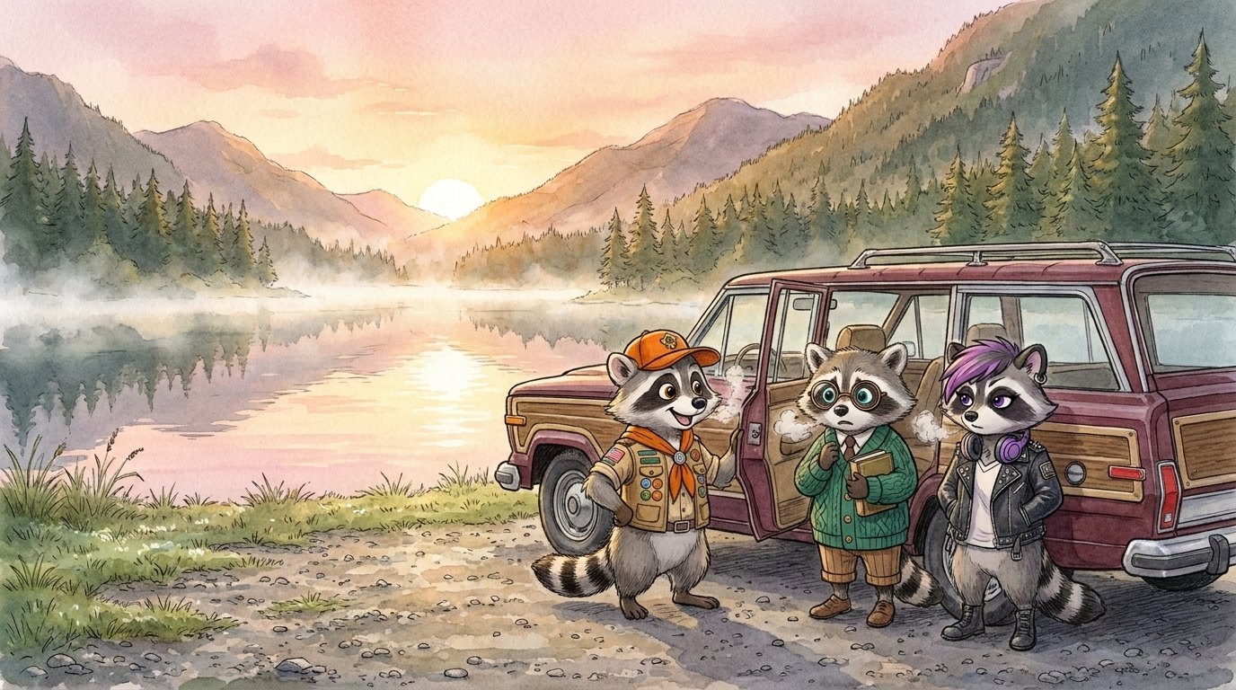 Scout, Skates, and Macey standing beside the wagon on a gravel shore at dawn — mist on the lake, pines and mountains behind