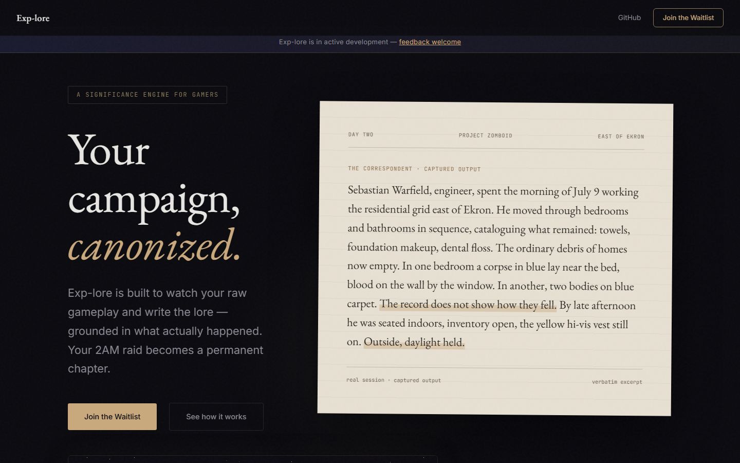 Exp-lore’s home page: “Your campaign, canonized.” beside a typeset survivor journal generated from a real session