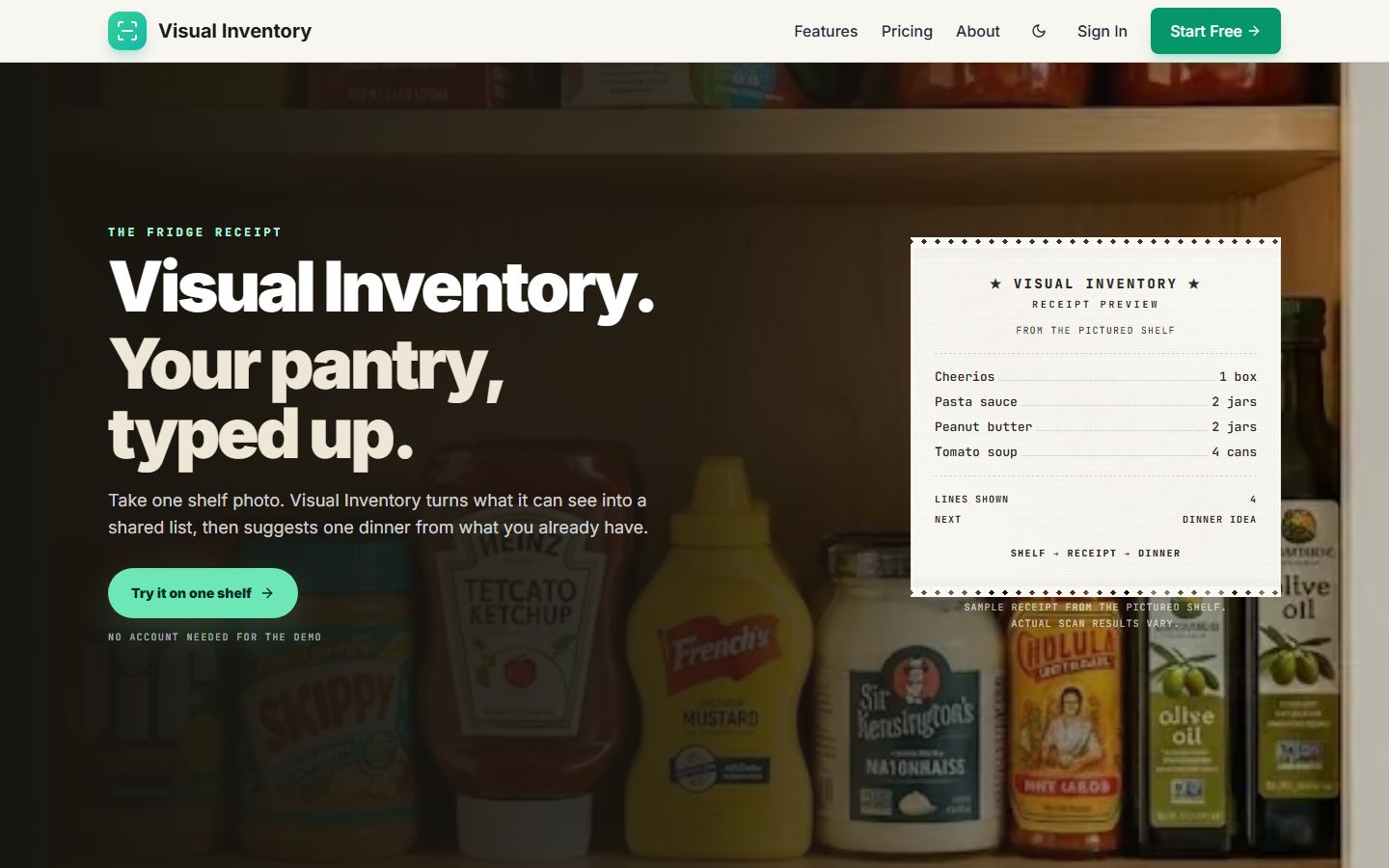 Visual Inventory’s home page: a photographed pantry shelf beside the printed receipt of items it read out of it
