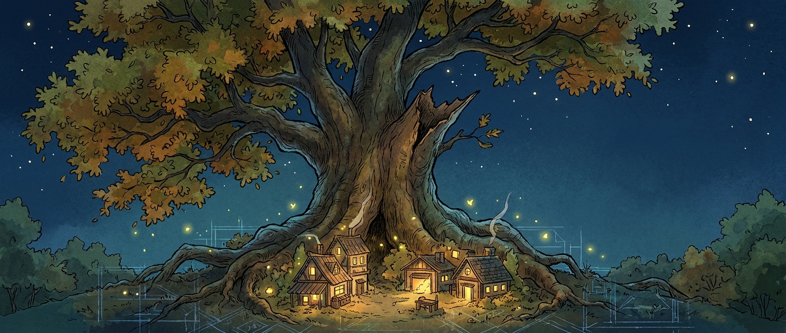 A vast old tree shelters a lit workshop under a blue night sky — the Broken Branch lab.