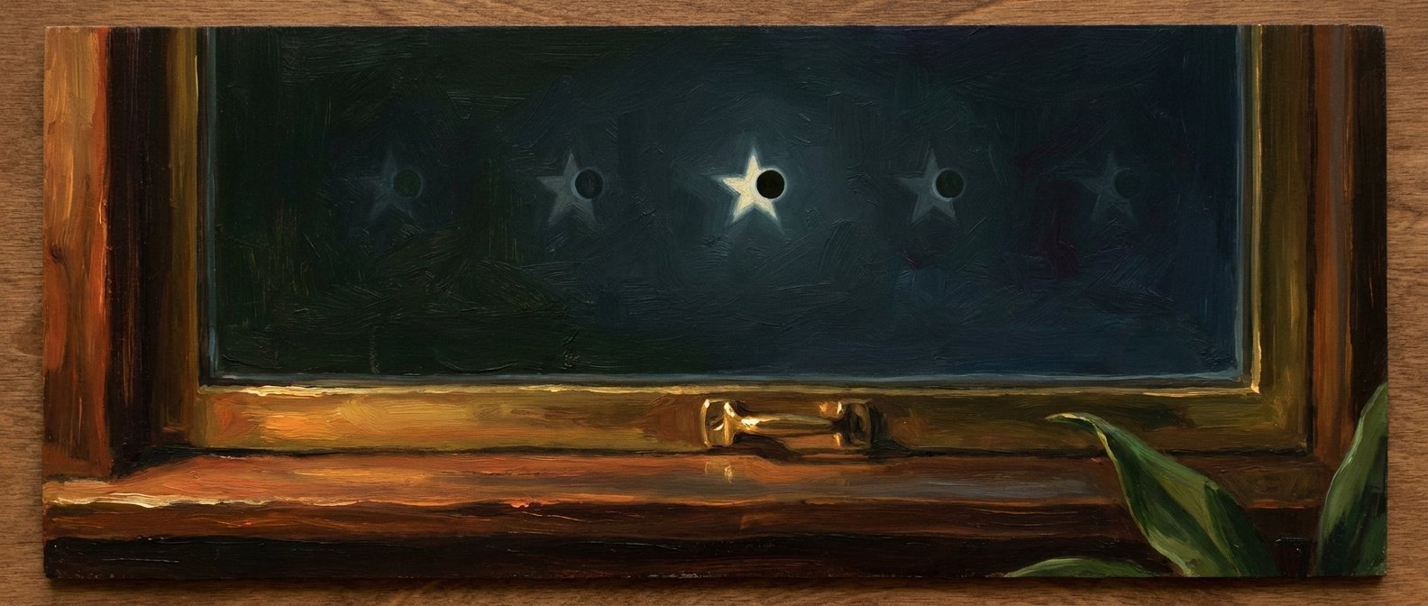 AI-painted illustration: looking out from a warm lamplit den through a window frame at a bright star with a small dark disc crossing its face, the motif echoed faintly several times in the night sky beyond