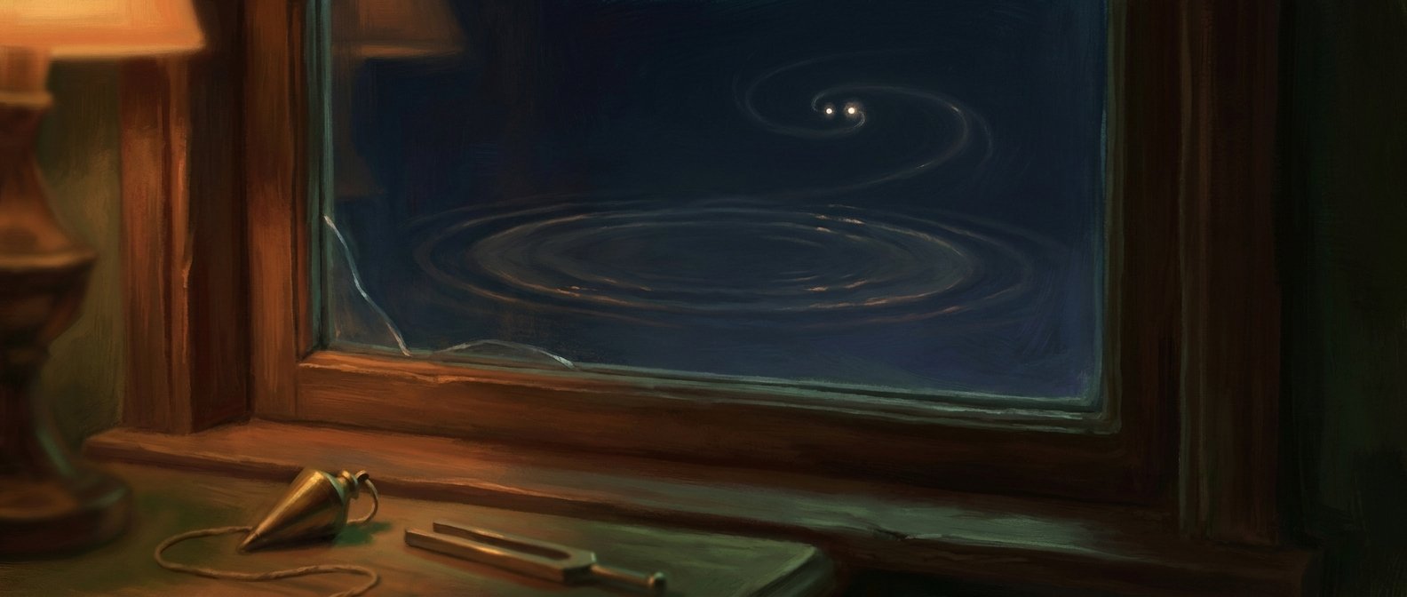 AI-painted illustration: the den window at night, two faint concentric ripples crossing the glass as though the pane were briefly disturbed, two small bright points close together beyond it, and a brass tuning fork resting on the sill in the near foreground