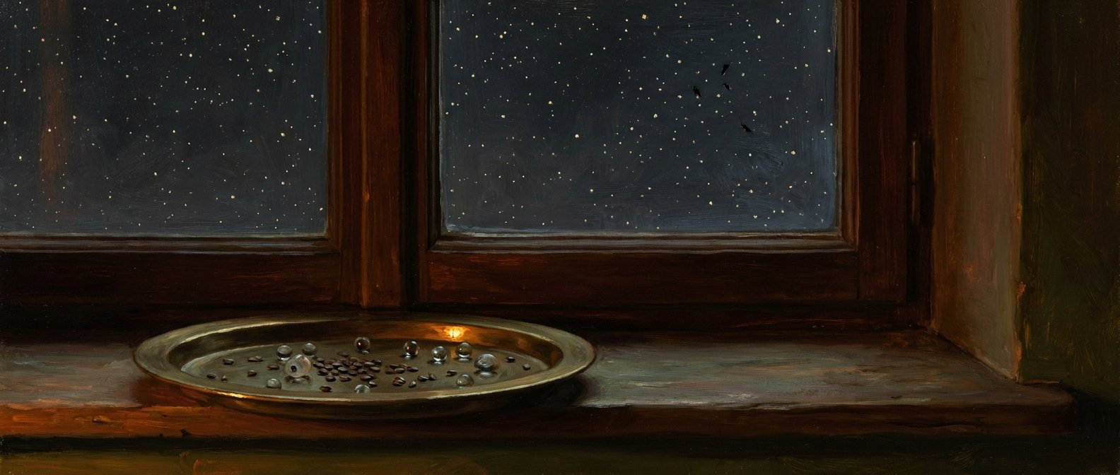 AI-painted illustration: the den window at night with a crowded sky of small undifferentiated stars beyond it, a few carrying the faintest dark notch, and a brass specimen tray on the sill holding several near-identical small objects