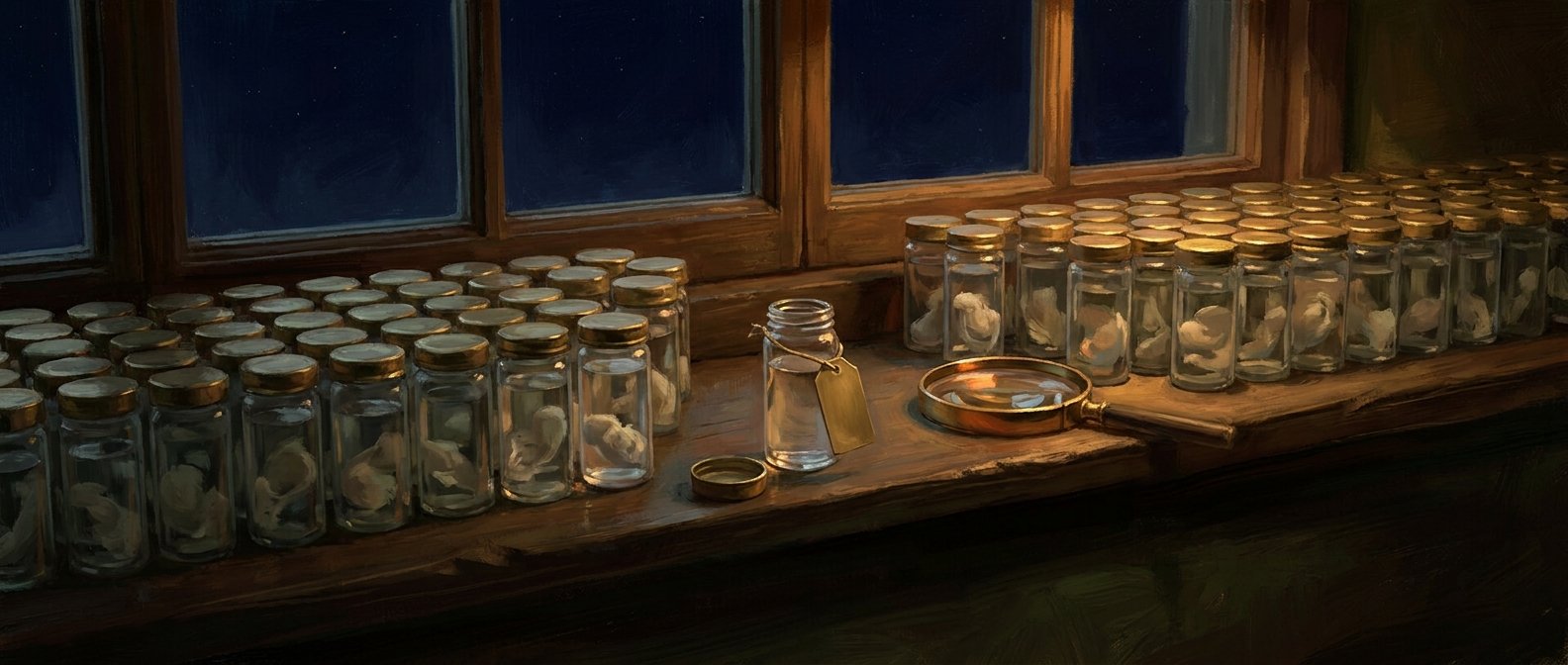 AI-painted illustration: a wide windowsill crowded with rows of small glass specimen jars each holding one indistinct pale speck, one jar standing slightly forward with its lid off and a blank brass tag tied to its neck, a magnifying lens resting face-down beside it