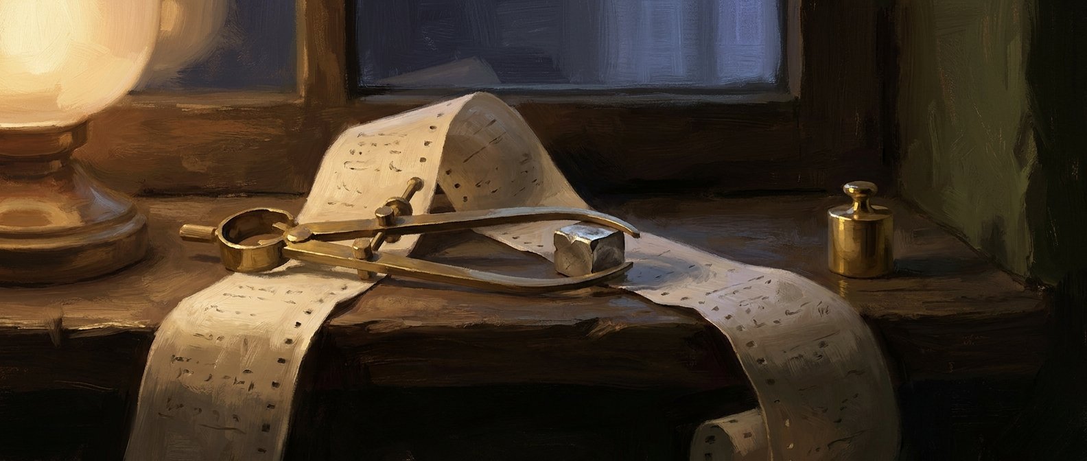 AI-painted illustration: brass jeweller's calipers at rest on a dark windowsill, a strip of pale paper tape running off the sill, and a single brass weight catching the lamplight