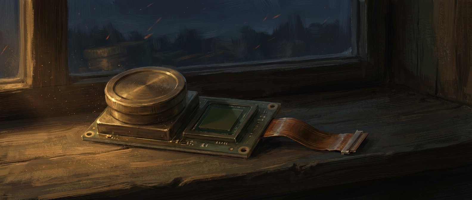AI-painted illustration: a bare camera module on a dark windowsill with a machined brass cap seated over its lens, its ribbon cable trailing away and ending unplugged on the sill