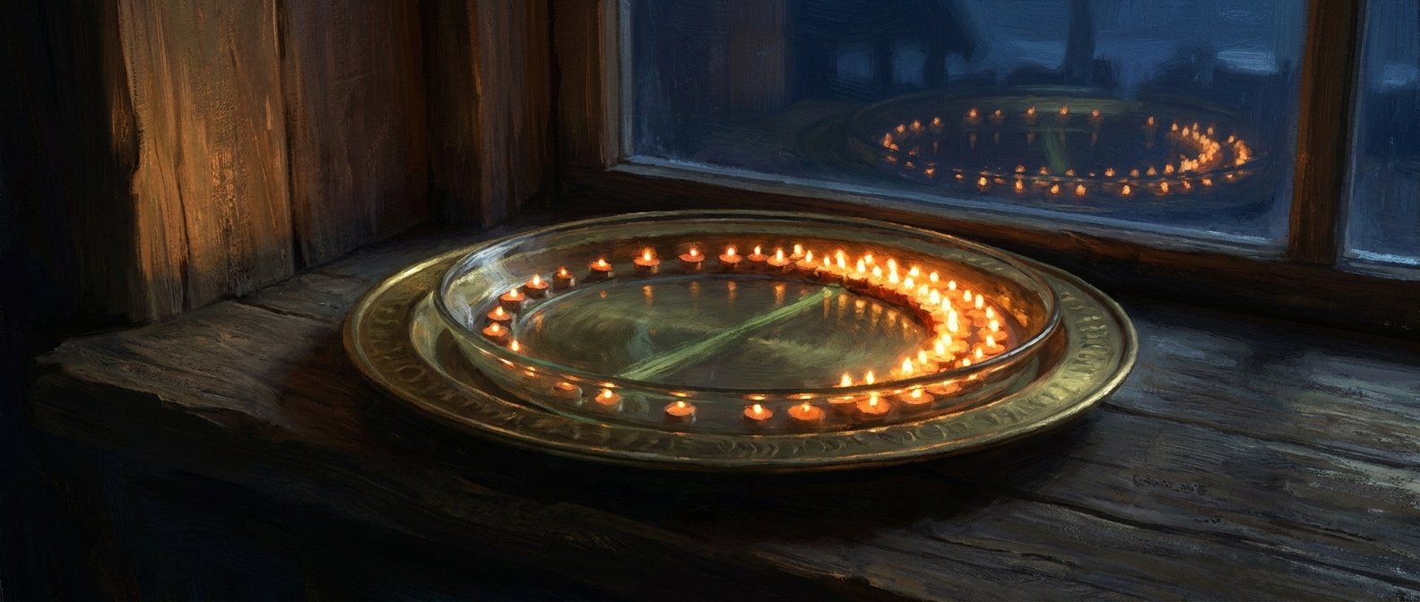 Painterly illustration: a shallow brass dish on a dark windowsill holding dozens of small ember lights, two-thirds of them gathered into one bright arc on the near rim and the rest strung out dimly around the far side.