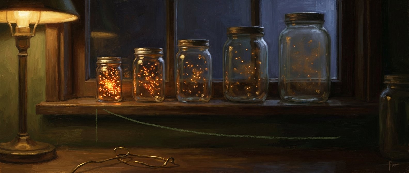 Painterly illustration: five glass specimen jars of increasing size on a dark windowsill, the smallest holding the tightest brightest knot of ember lights and the largest a diffuse haze, all lit by one lamp.