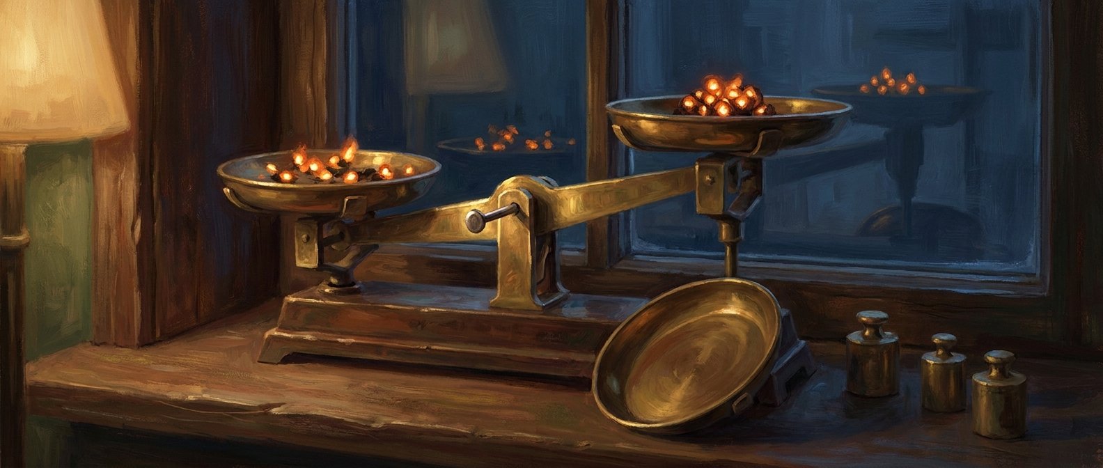 Painterly illustration: a brass balance scale on a dark windowsill with its pans at different heights and the beam locked by a pin through the pivot, a third empty pan tipped on its rim in the foreground.