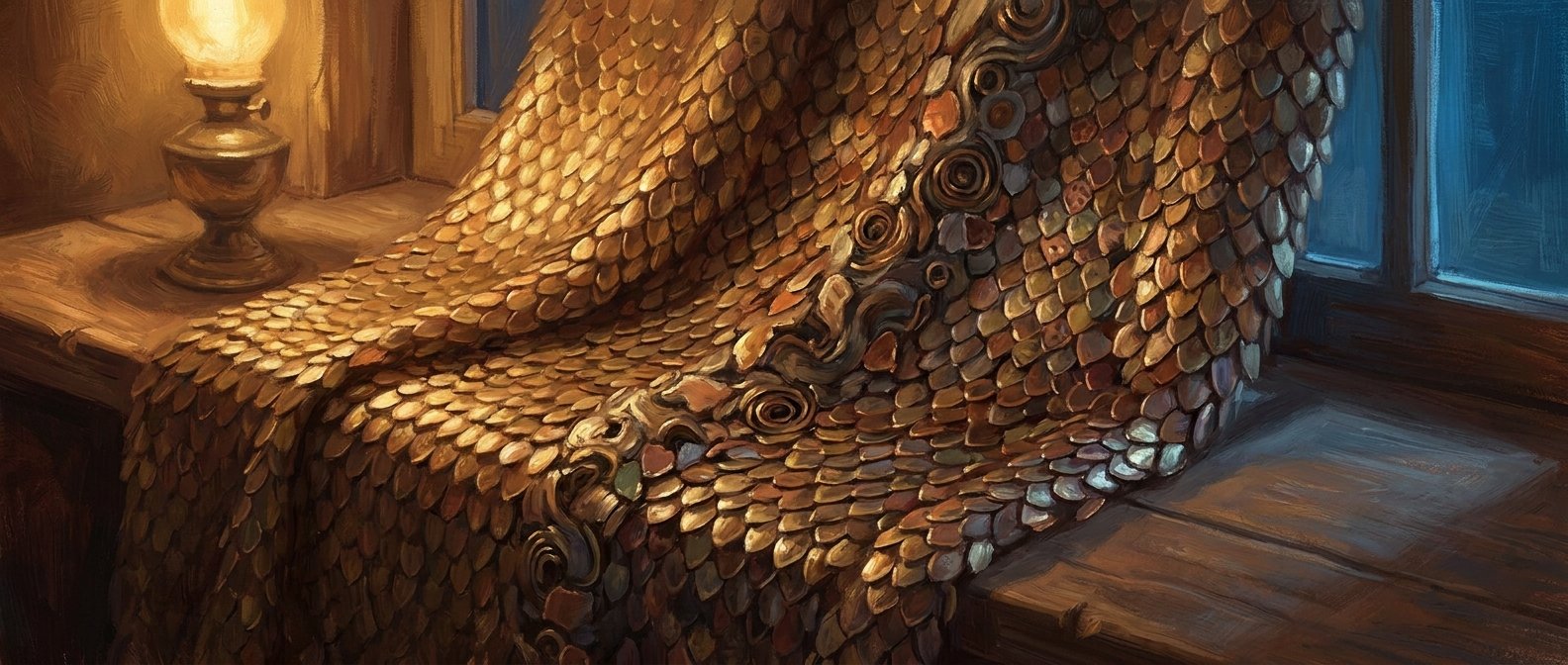 An oil-painted sheet of fine metallic scale-mail on a windowsill, one half settled into a uniform brass sheen, the other broken into scattered mismatched glints, with a turbulent band between them.