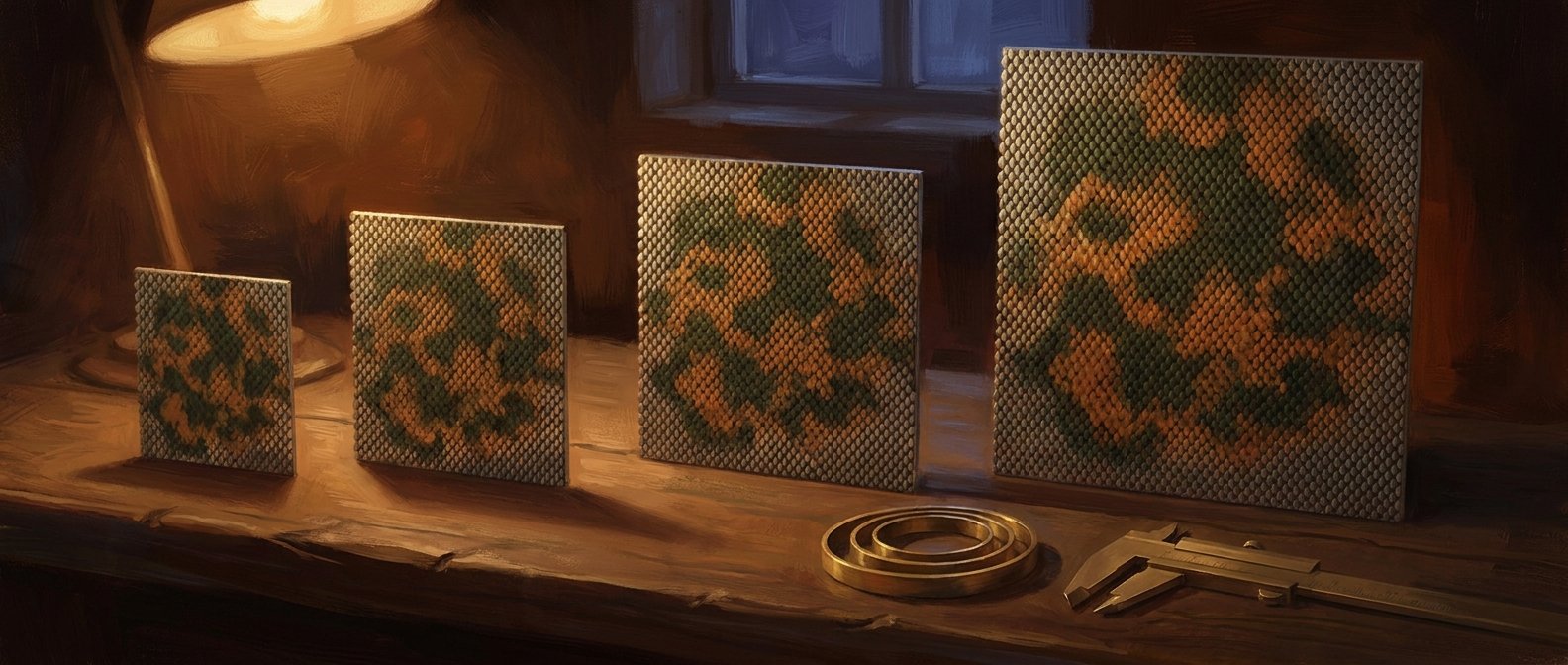 Four square panes of metallic scale-mail in a row, each larger than the last, their mottled patterning self-similar across sizes, with brass measuring rings resting beside them.