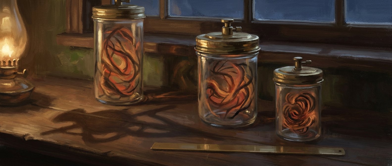 Three bell glasses of different heights on a windowsill, each holding the same swirling ember-and-bark pattern at a different scale, their three shadows resolving into one shared silhouette.