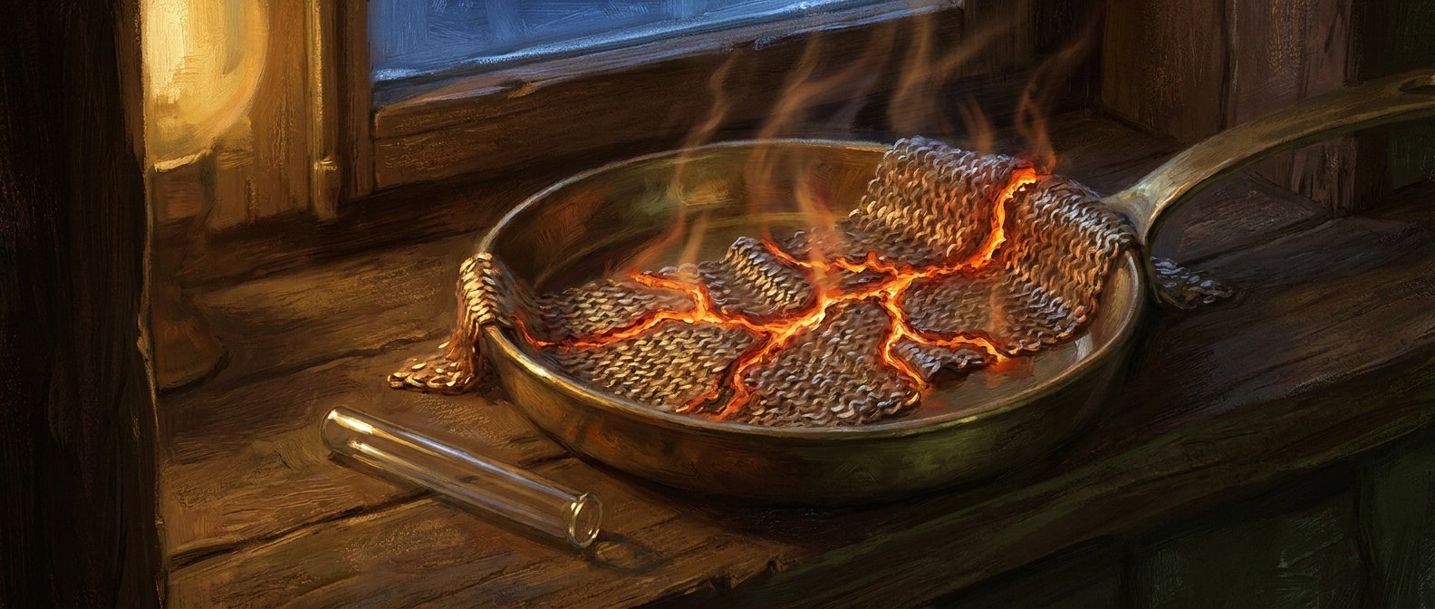 A shallow brass pan on a windowsill holding a sheet of scale-mail threaded with glowing seams between agreeing patches, heat shimmer rising off it.