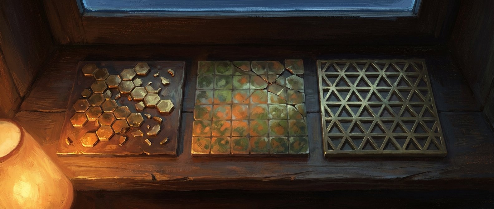Three specimen tiles on a windowsill — one honeycomb-celled, one square-gridded, one triangular-latticed — in three different states of breakup under a single raking lamp.