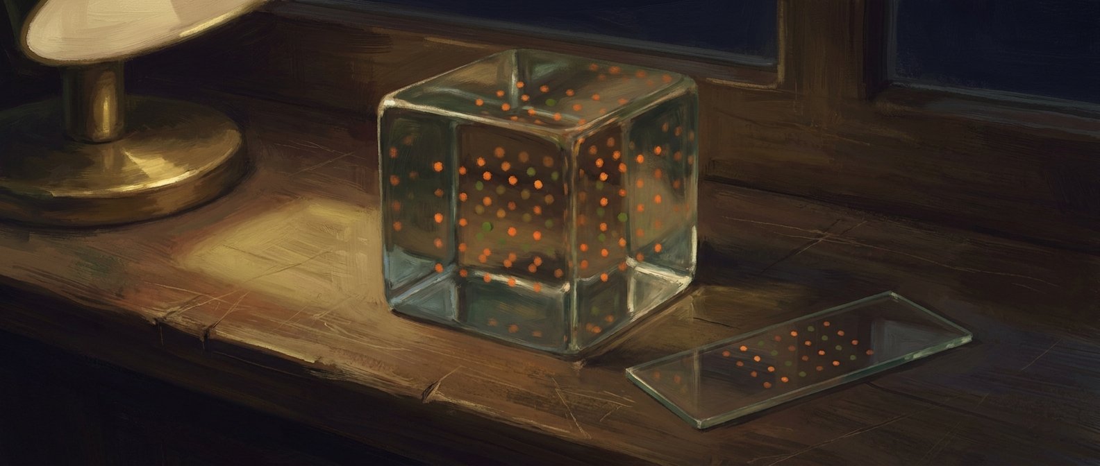 An AI-painted glass cube on a windowsill holding a suspended three-dimensional lattice of ember and moss points, with a flat two-dimensional slide beside it.