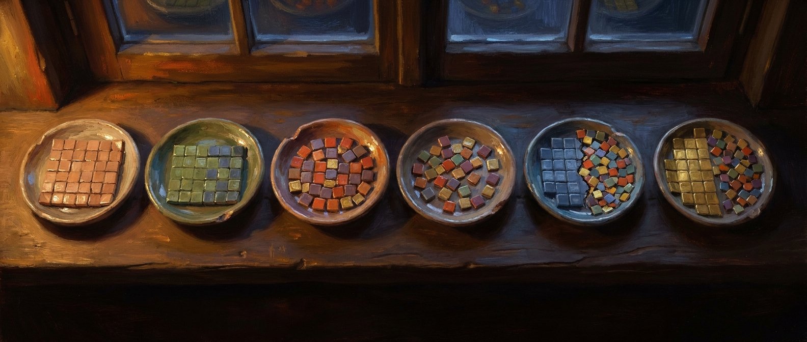 An AI-painted row of six shallow ceramic dishes on a windowsill, each holding a mosaic of coloured tiles; the rightmost dishes show an orderly block and broken confetti sharing one dish.