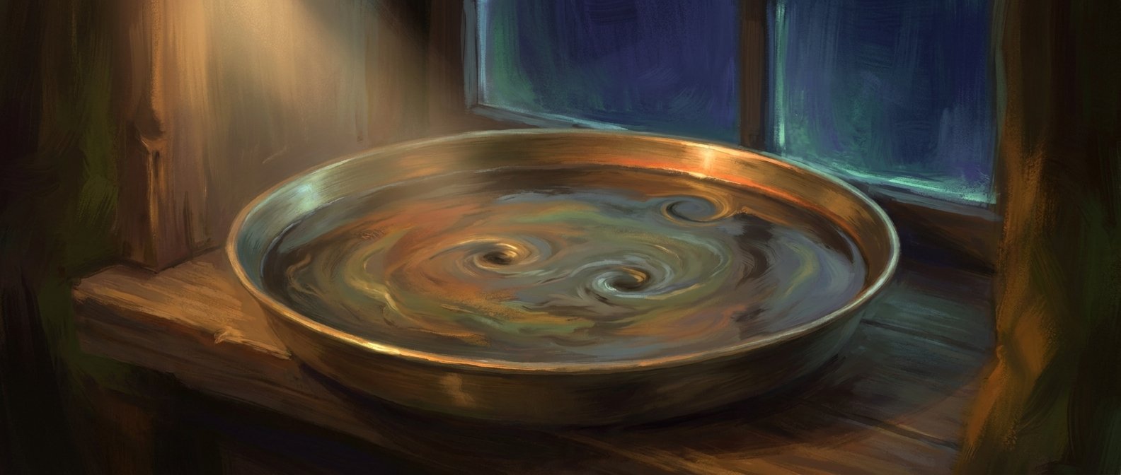 An AI-painted shallow dish of dark water on a windowsill, its iridescent surface holding two counter-rotating whirlpools close together and a third drifting free near the rim.
