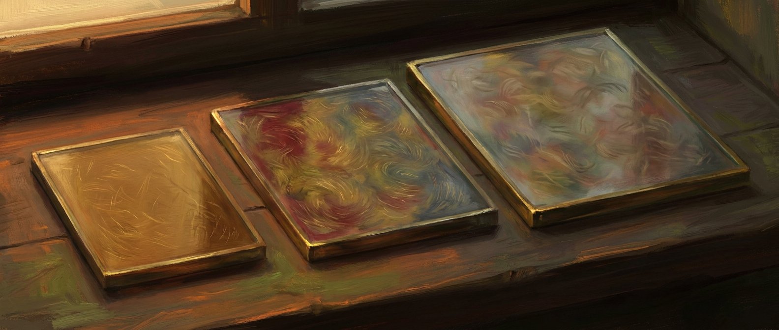 An AI-painted row of three glass specimen plates of increasing size on a windowsill, each holding a dense field of tiny filaments; the smallest reads as one colour, the largest as a mottled wash.