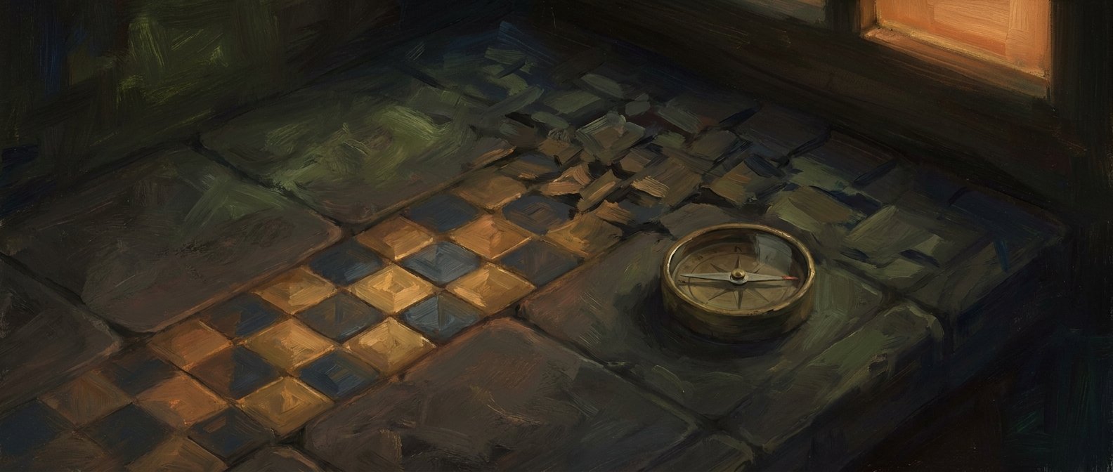 A dark tiled windowsill surface that reads as one flat grey plane until a shaft of lamplight catches one corner and reveals a crisp brass checkerboard, with a small brass dial nearby reading dead centre.