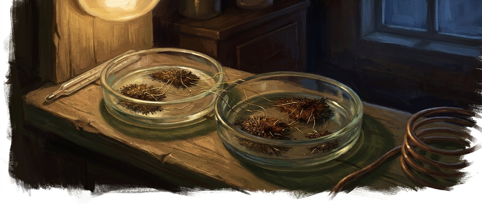 Painterly illustration: a shallow glass dish of metal filings settled into irregular frozen patches under warm lamplight, brass wires between them drawn taut and slack.