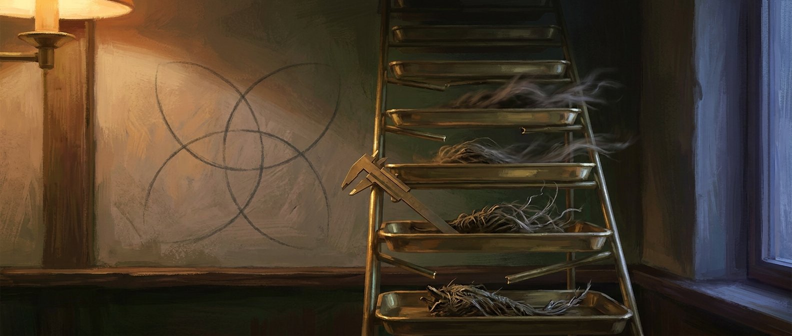 Painterly illustration: a tall brass rack of shallow trays with several rungs visibly missing, a caliper laid across them with its jaws not quite closing.