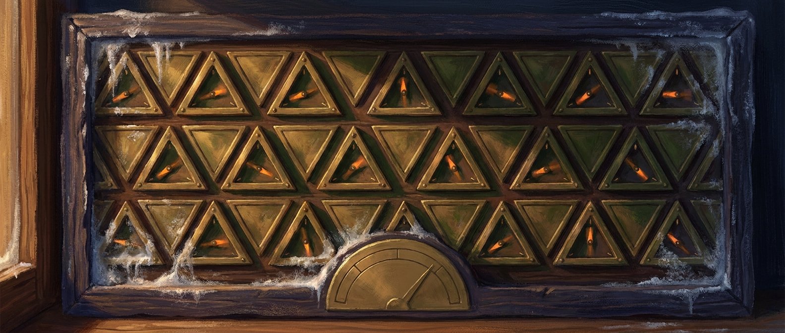 An AI-painted tessellation of brass triangles on dark wood, each holding three tiny compass needles with one always at odds with the other two, frost creeping in from the edges.