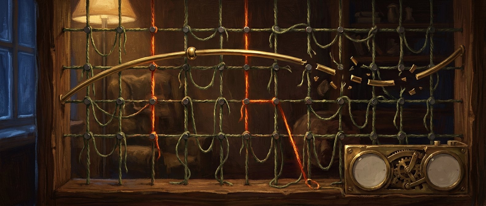 Painterly illustration: a grid of small magnets webbed with threads, some taut and ember-red, with a single polished brass rail arcing cleanly across the tangled field.