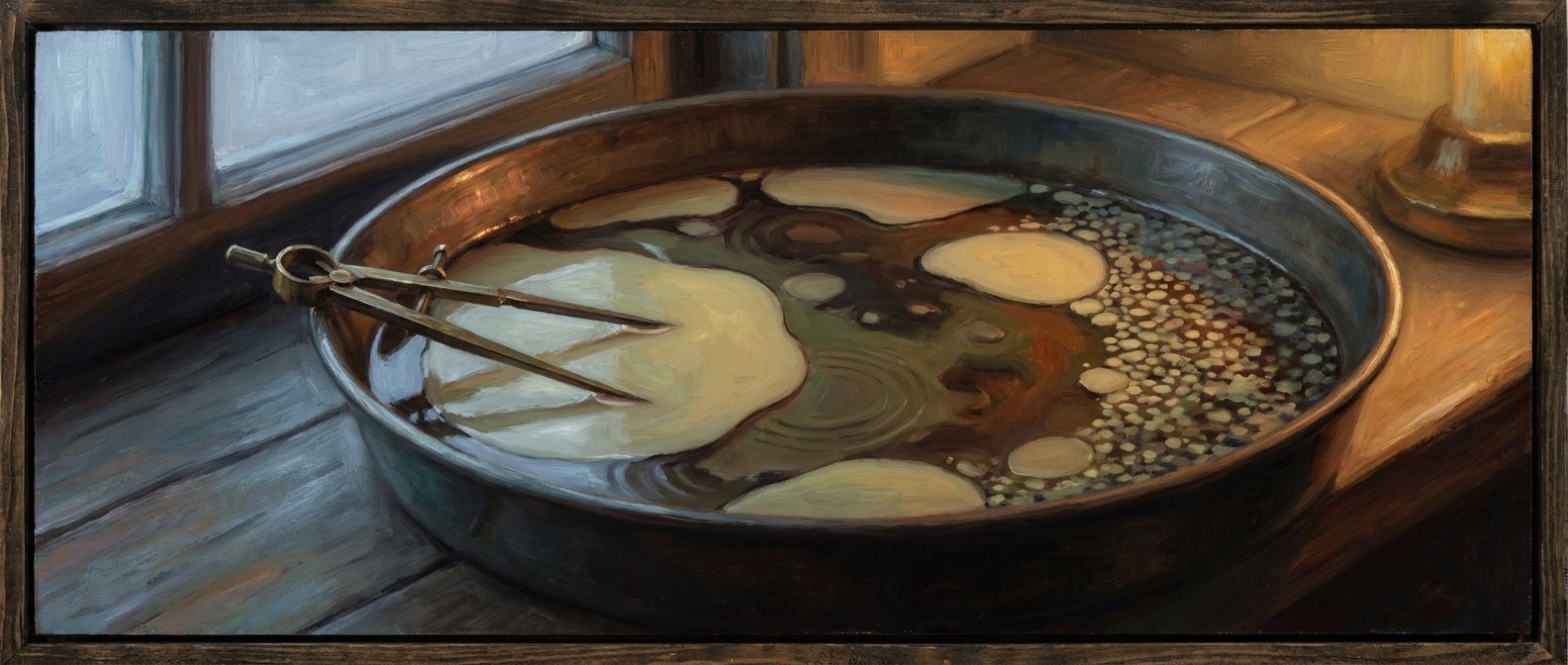 An AI-painted shallow pan of cooling liquid on a windowsill, pale and dark regions separated into large irregular patches with smooth boundaries, brass dividers resting across one patch.